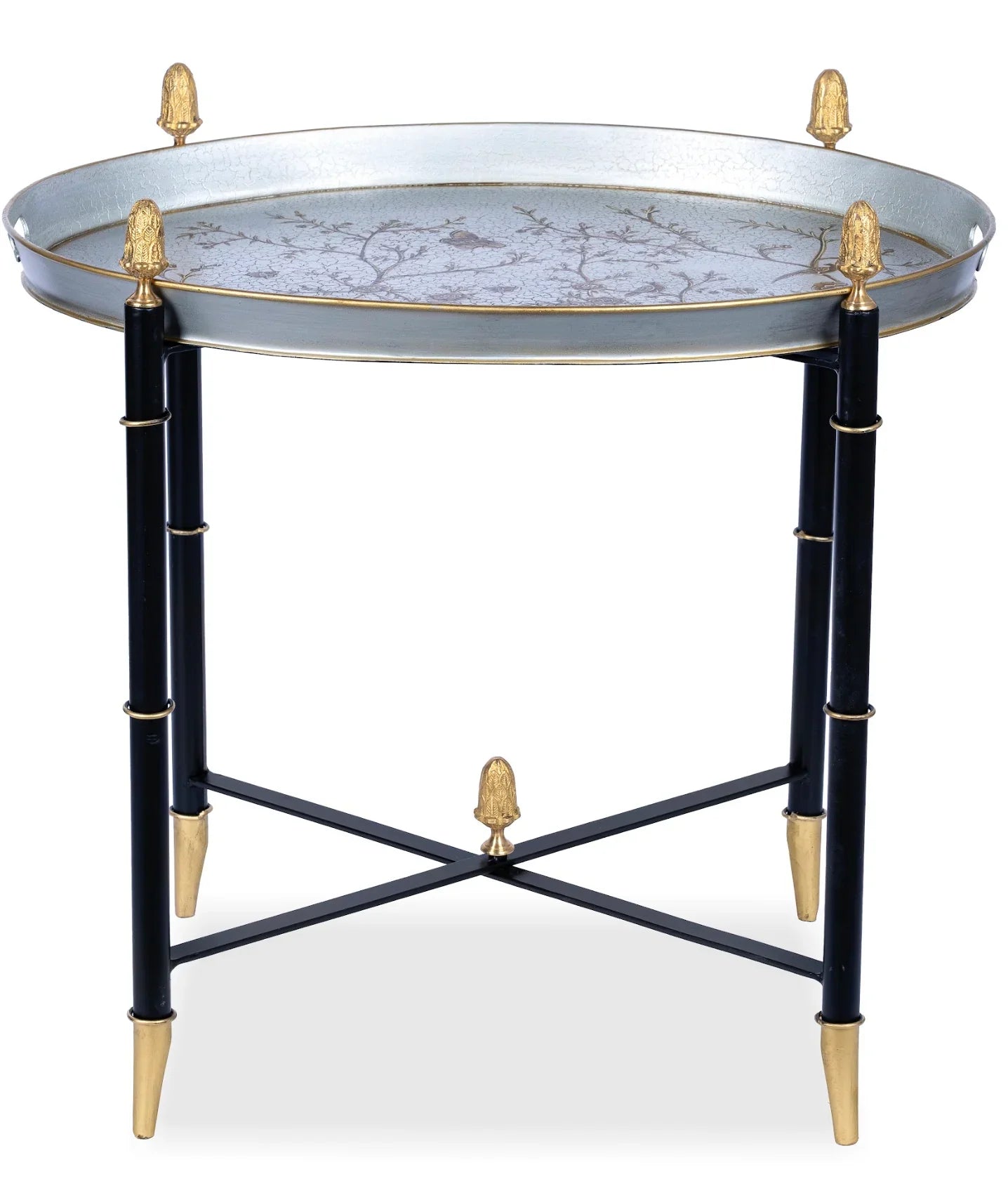 Table ronde en étain noir avec embouts dorés