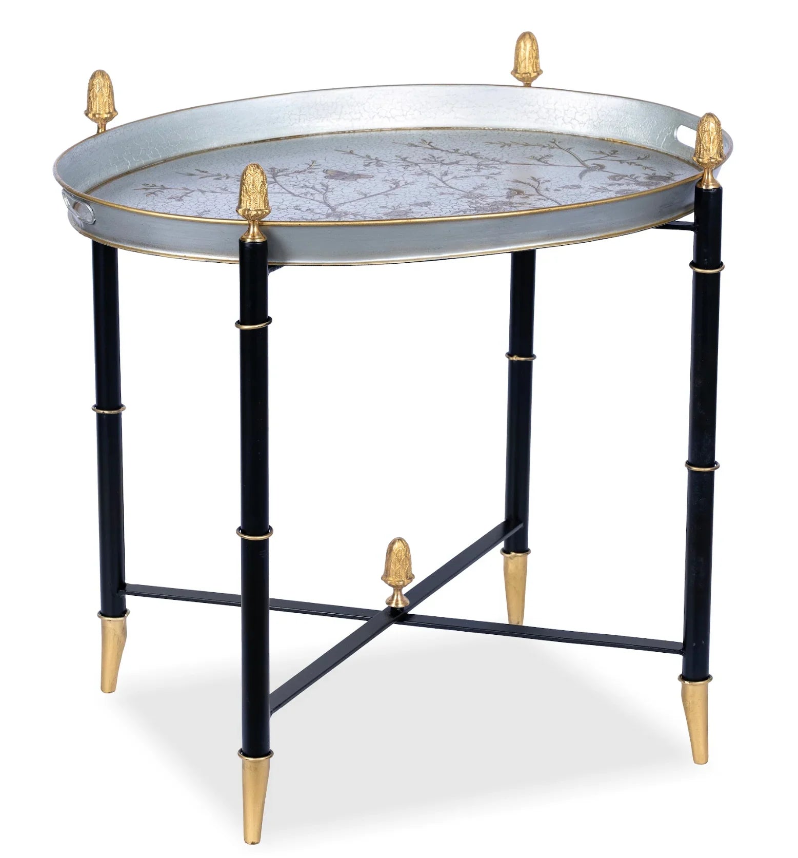 Table ronde en étain noir avec embouts dorés
